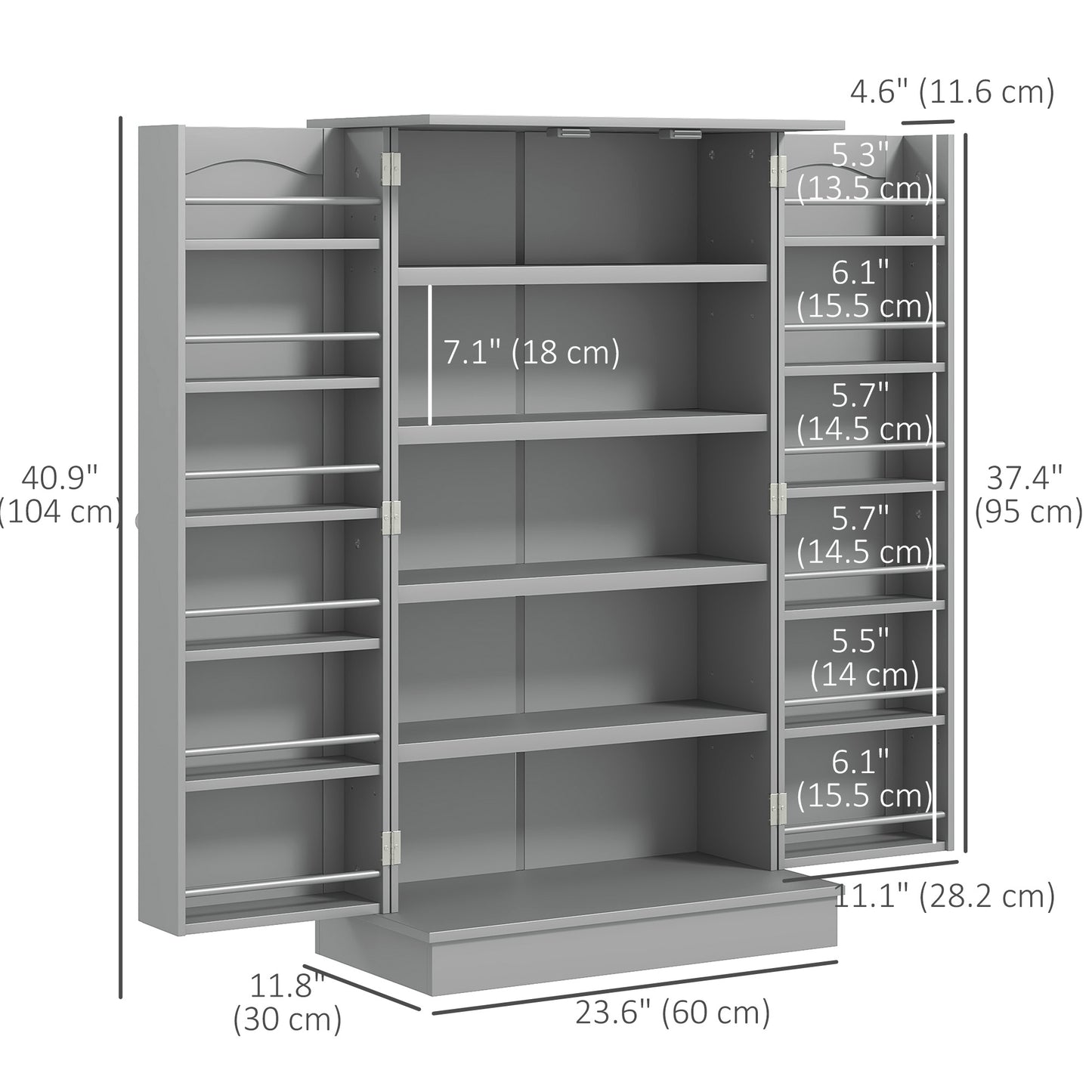 41" Storage Cabinet, 2-Door Kitchen Pantry Cabinet with 5-tier Shelving, 12 Spice Racks and Adjustable Shelves, Grey