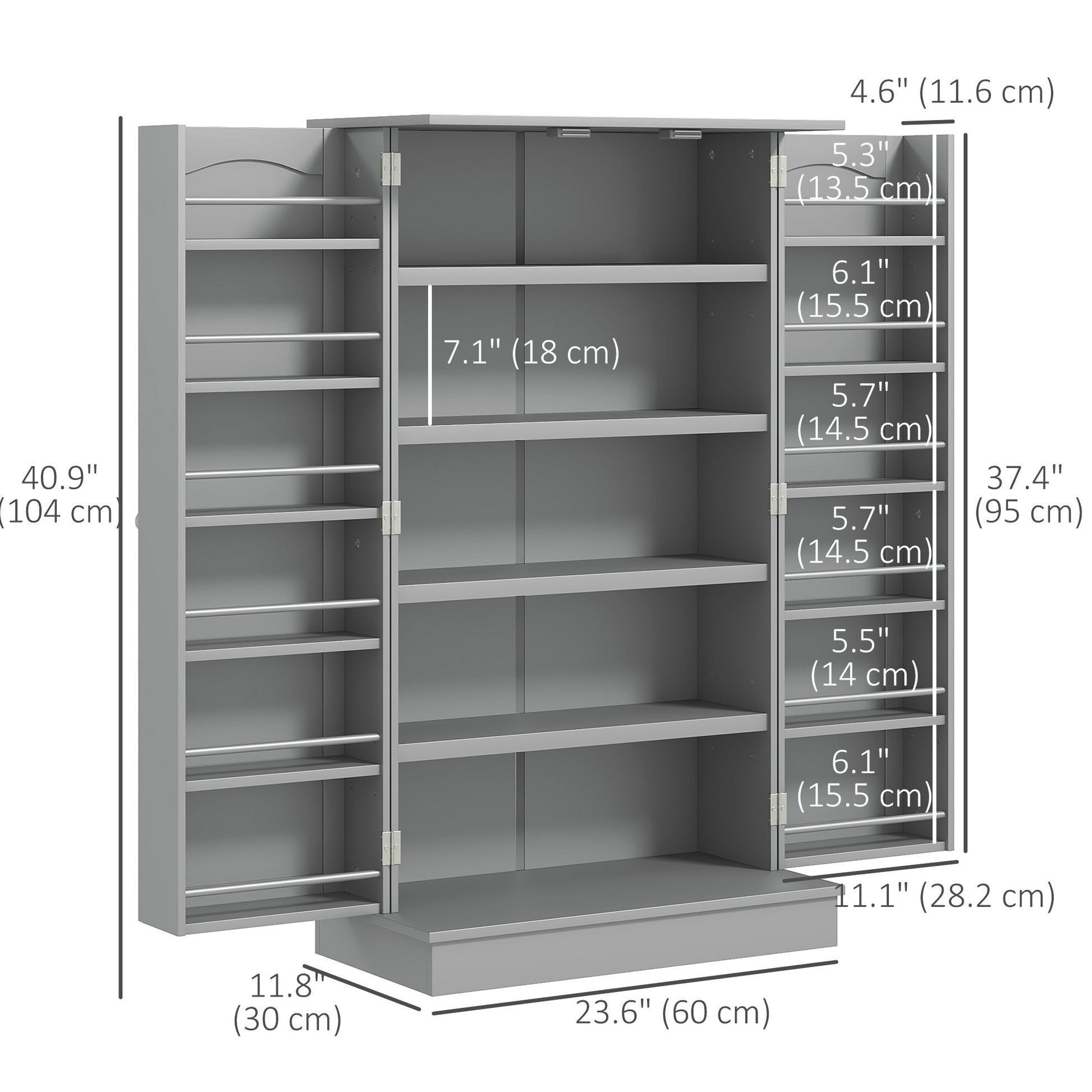 41" Storage Cabinet, 2-Door Kitchen Pantry Cabinet with 5-tier Shelving, 12 Spice Racks and Adjustable Shelves, Grey