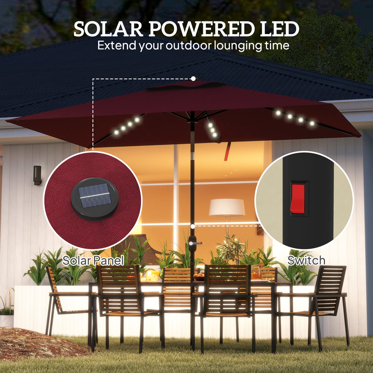 6' x 10' Patio Umbrella with 22 LED Solar Lights and Tilt, Rectangular Outdoor Table Umbrella with Crank, Wine Red