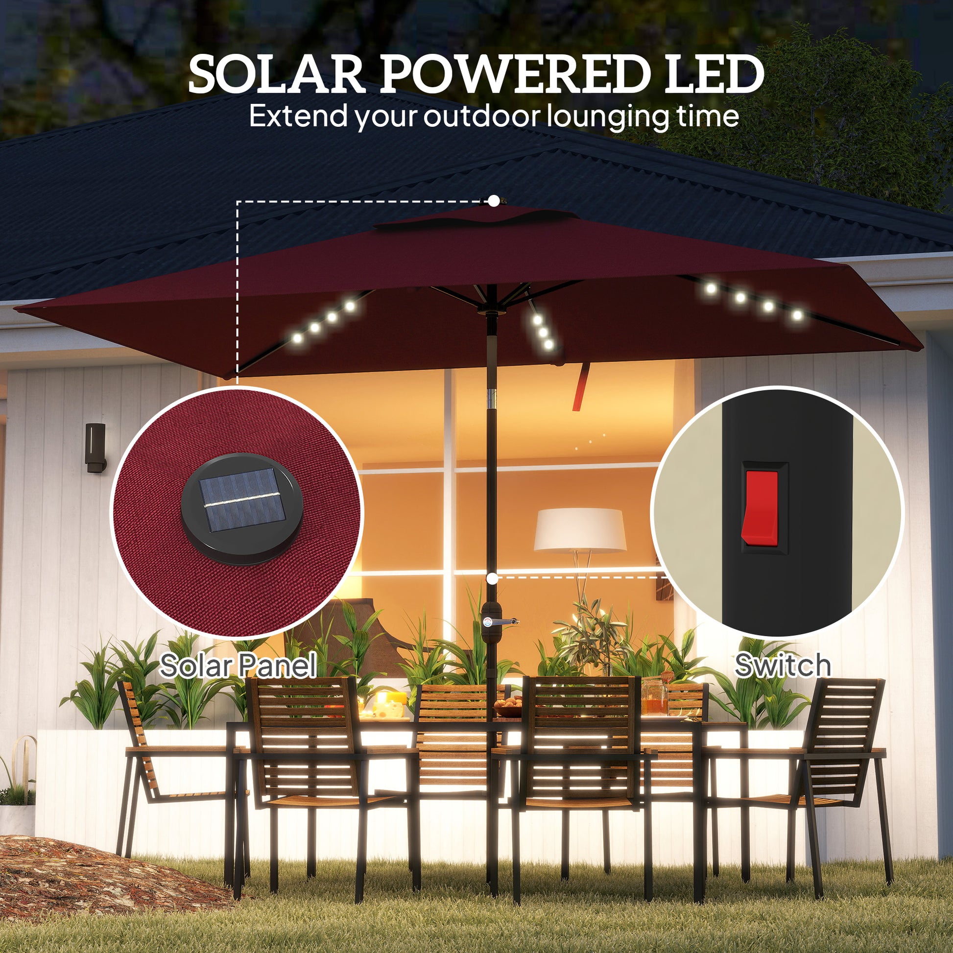 6' x 10' Patio Umbrella with 22 LED Solar Lights and Tilt, Rectangular Outdoor Table Umbrella with Crank, Wine Red