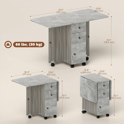 Drop Leaf Dining Table, Mobile Folding Table on Wheels with Drawers and Cabinet for Dining Room, Kitchen, Grey