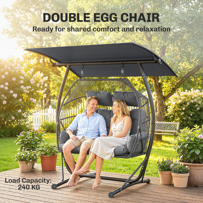 Hanging Double Egg Chair Outdoor Egg Swing Chair with Canopy, Cushion, Stand, Dark Grey