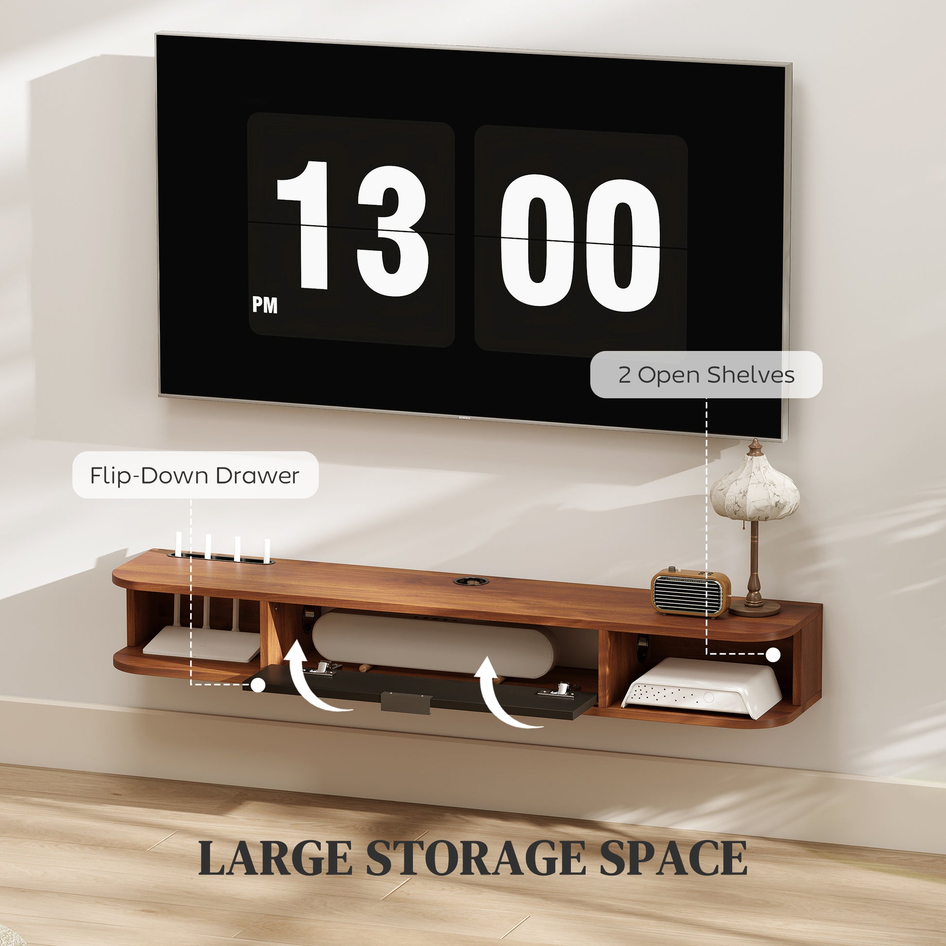 47" Floating TV Stand for TVs up to 50 Inch, Wall Mounted Media Console with Flip Drawer and 2 Open Shelves, Walnut