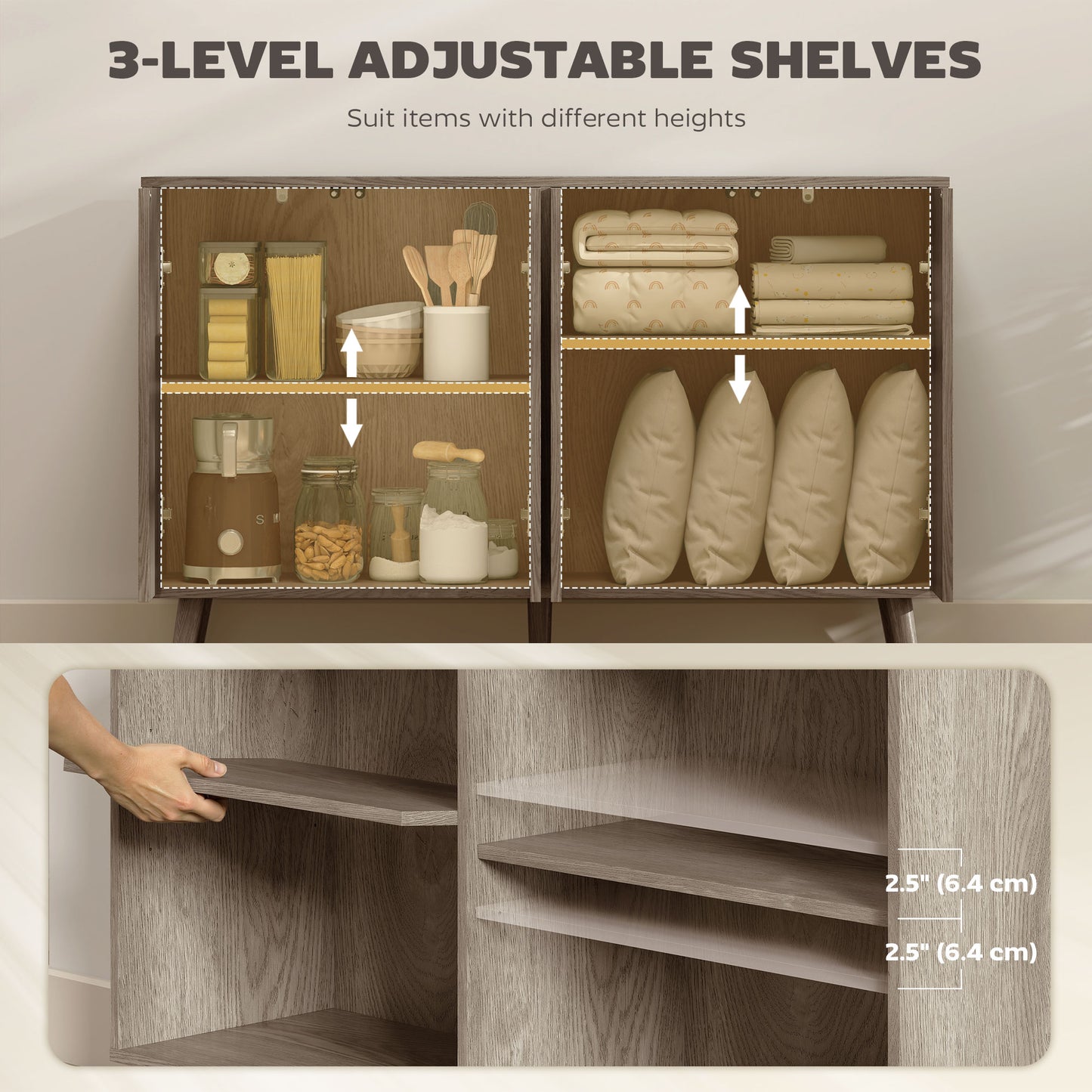 Buffet Cabinet with Storage, Modern Fluted Sideboard with Adjustable Shelves for Dining Room Living Room, Light Grey