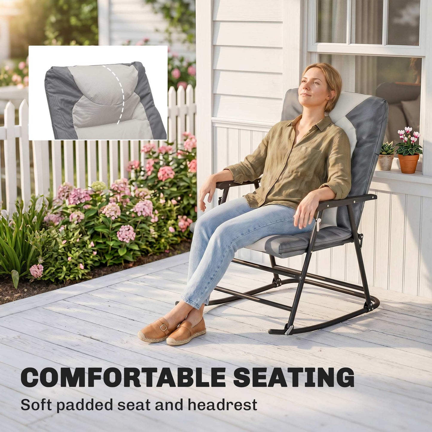 3-Piece Outdoor Foldable Rocking Chair Set, Light Grey