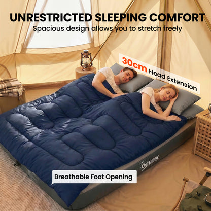 Double Sleeping Bag for Adults, Queen Size 2 Person Sleeping Bag with 2 Pillows, for Cold Weather & Warm, Blue