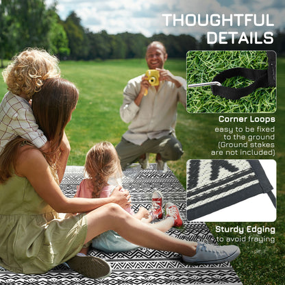 Reversible Outdoor Rug Waterproof Plastic Straw RV Rug with Carry Bag, 8' x 10', Grey and Cream White Boho
