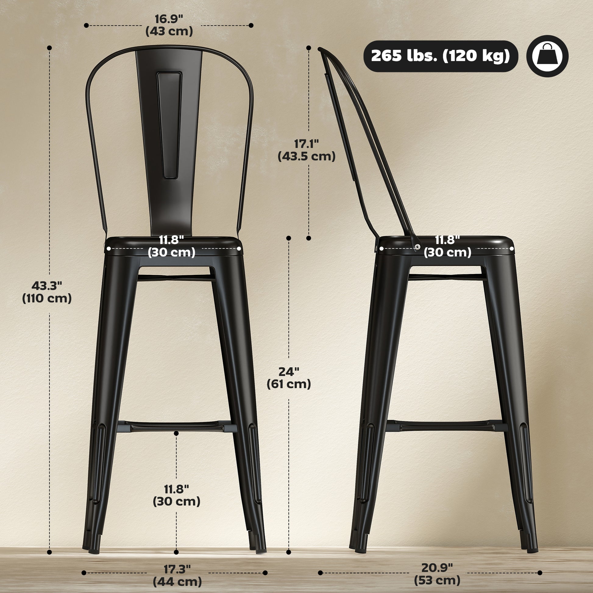 24" Set of 4 Bar Stools Kitchen Industrial Breakfast Bistro Cafe Metal Frame Black