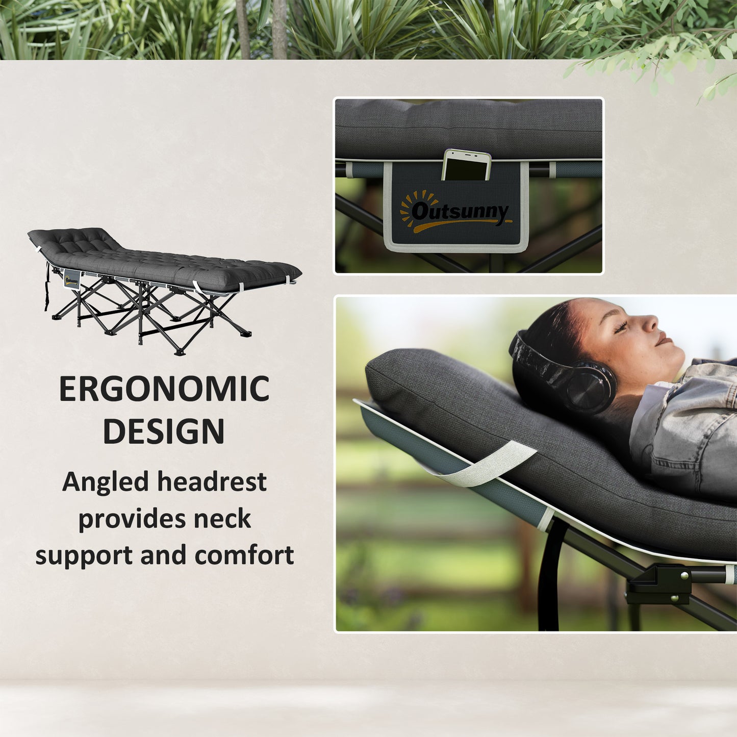 26.8" Wide Folding Bed, Camping Cot for Adults with Cushion, Carry Bag, Max Load 330 LBS, Dark Grey