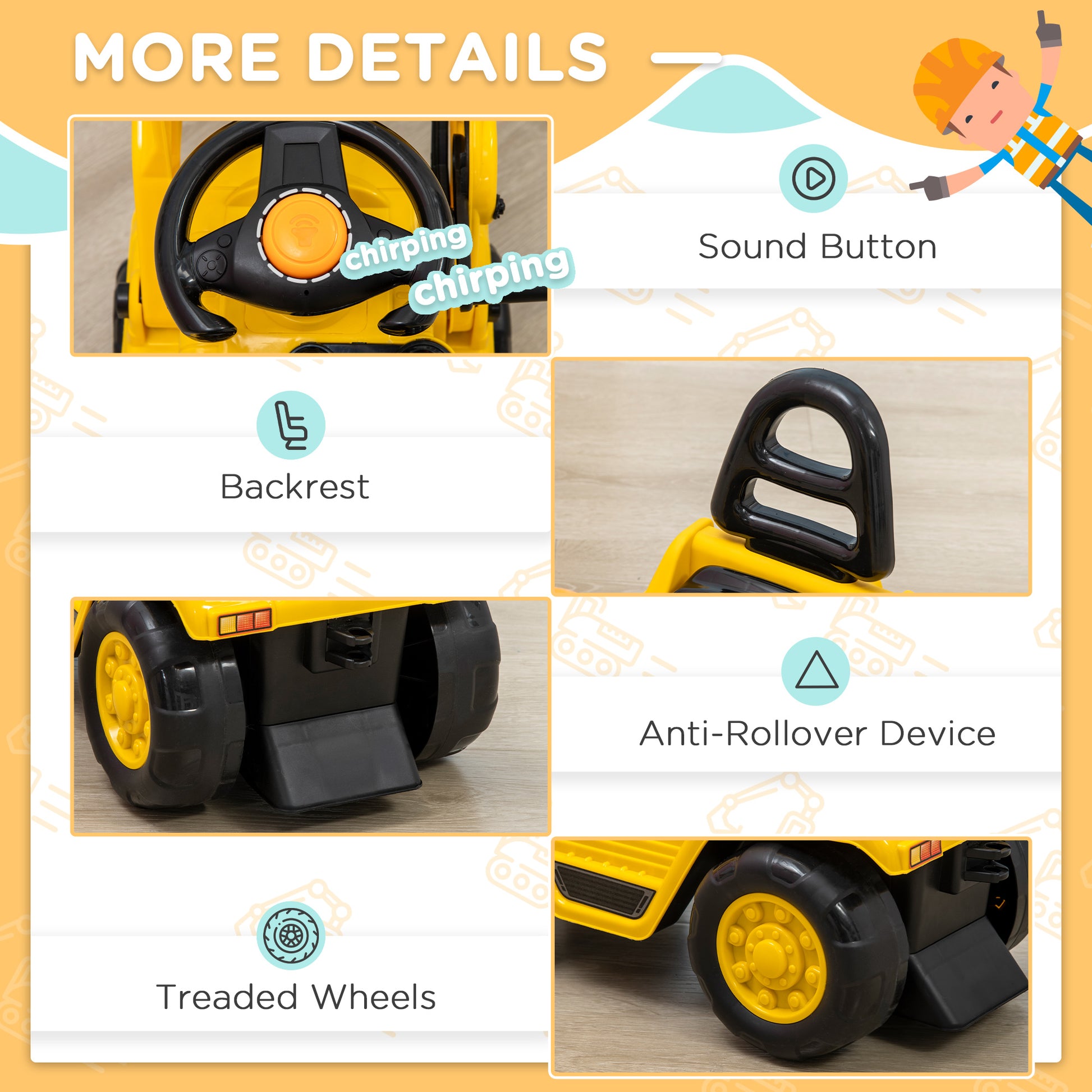 Aosom Ride On Excavator Toy No Power Digger with Realistic Sound Grabber Storage, for 2-4 Years Old, 32.7"x10.6"x15.4", Yellow