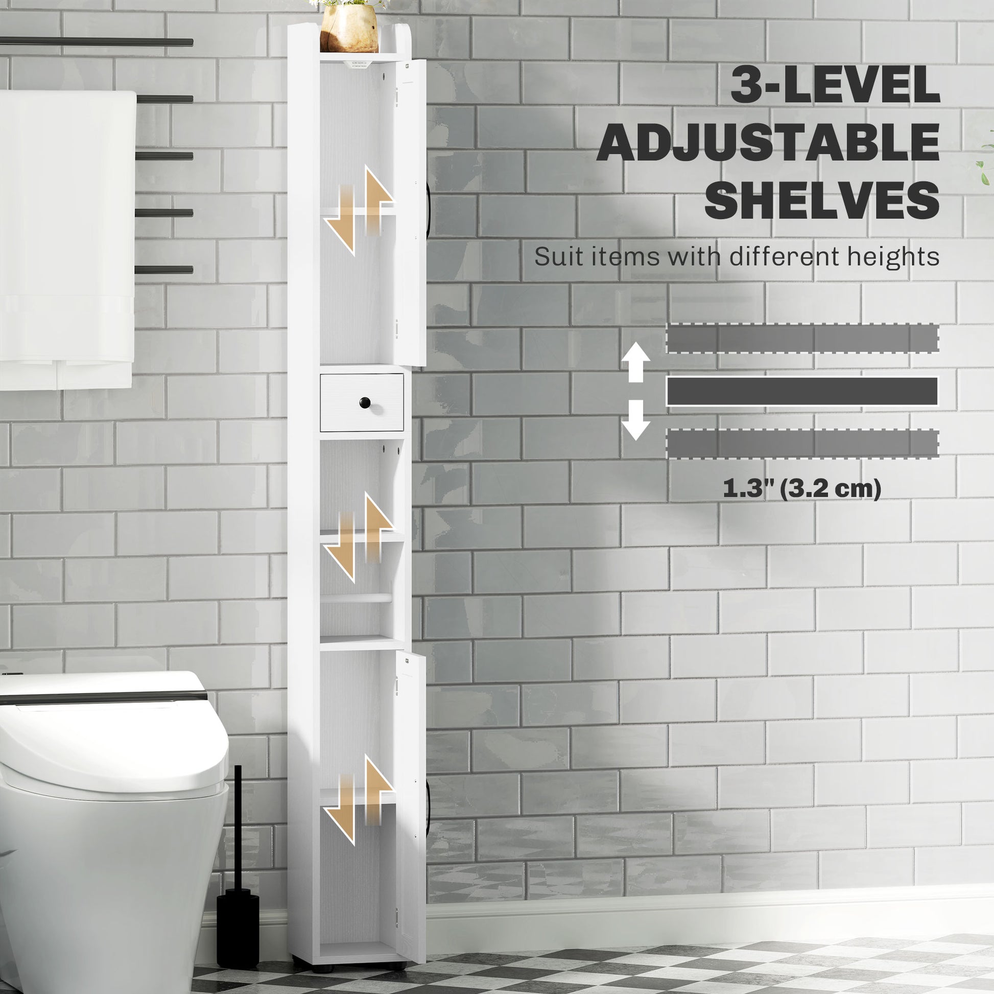 Narrow Bathroom Cabinet, Tall Bathroom Storage Cabinet with Barn Doors, Drawer and Adjustable Shelves, White Wood Grain