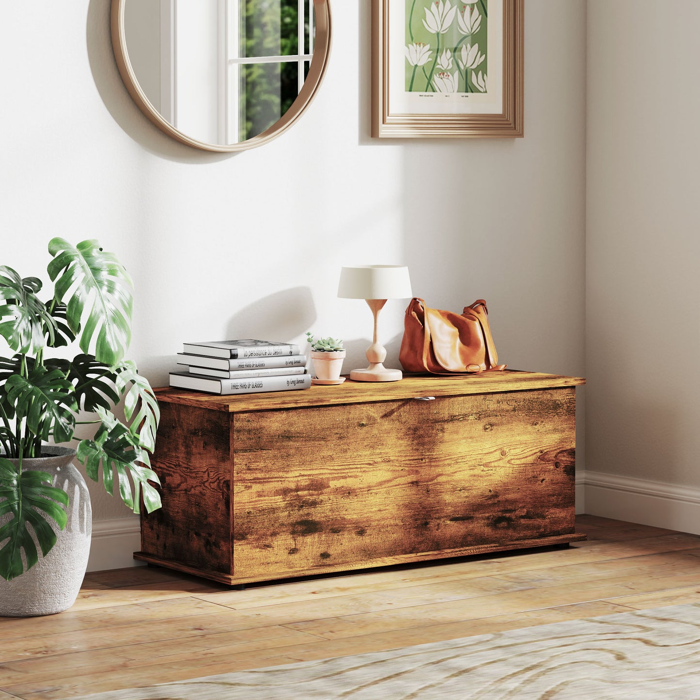 39.5" Storage Chest with 2 Safety Hinges, Storage Box Organizer with Flip-Top Lid, Entryway Storage Bench, Rustic Brown