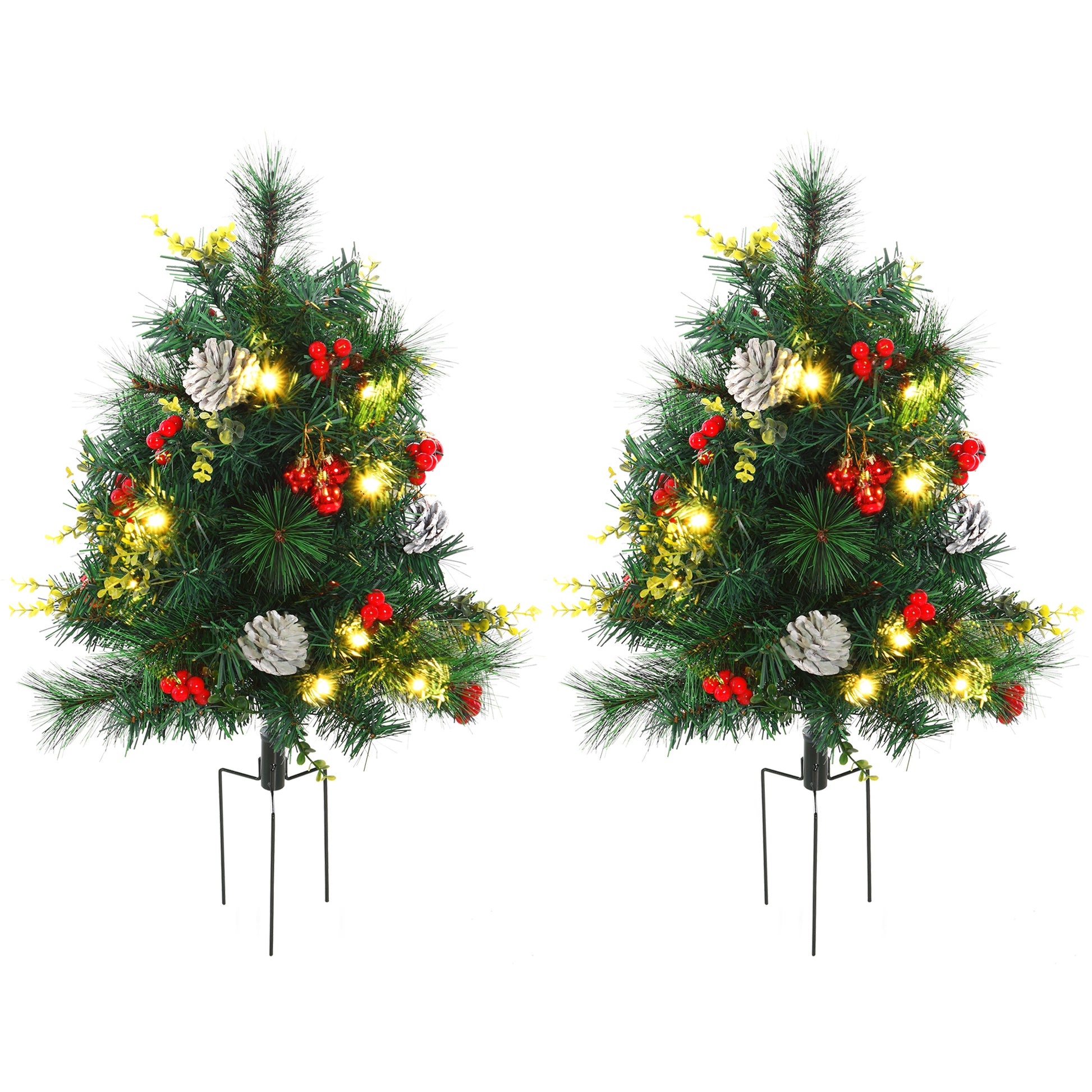 2.5ft 2 Pieces Prelit Artificial Christmas Tree with LED Light Mini Xmas Tree with Small Berry Pine Needles Pinecones Decorations for Garden