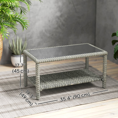 35" Outdoor Wicker Coffee Table with Glass Top, Storage Shelf for Garden Porch Balcony Deck, Dark Grey