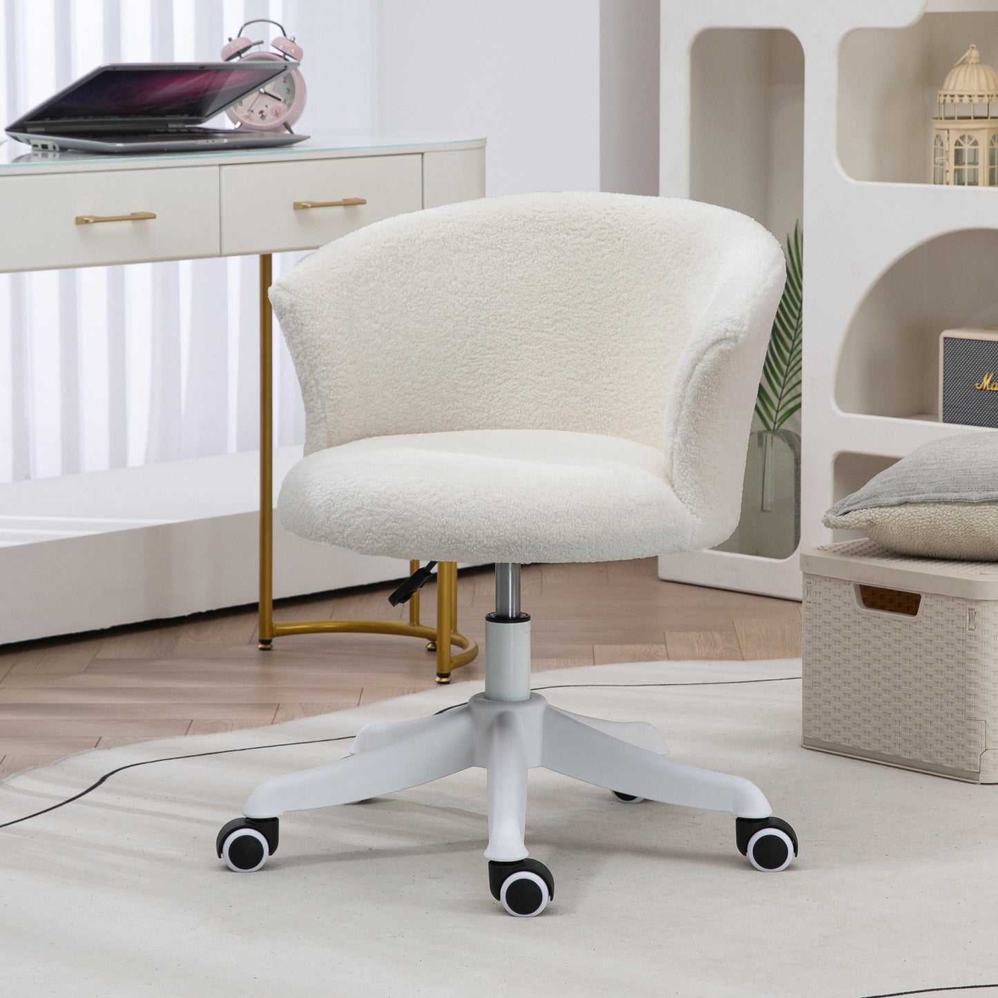 Armless Office Chair, Fluffy Computer Desk Chair with Adjustable Height, Swivel Wheels, Mid Back, White
