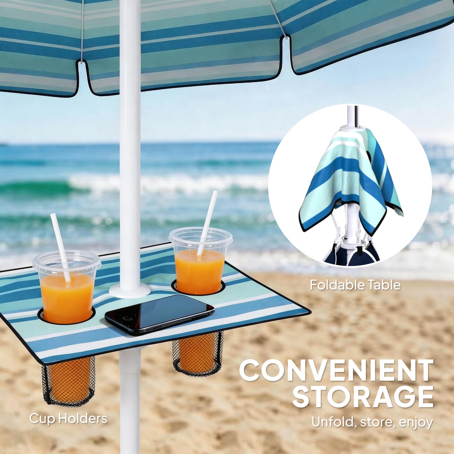 6 ft Portable Beach Umbrella with Foldable Table, Tilting Outdoor Sun Shade with Sand Anchor, Sandbag, Dark Blue