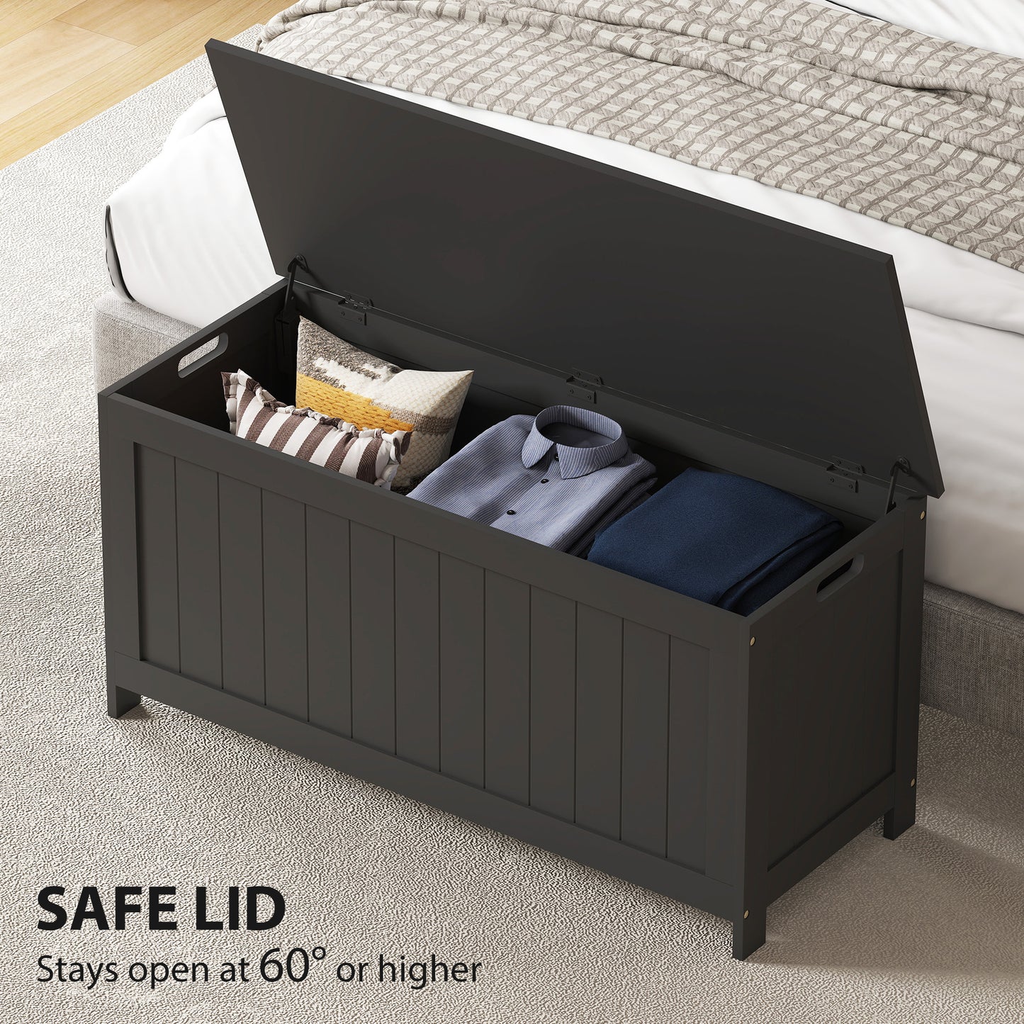Storage Trunk with 2 Safety Hinges, Modern Entryway Bench with Side Handles, Storage Chest for Living Room, Black