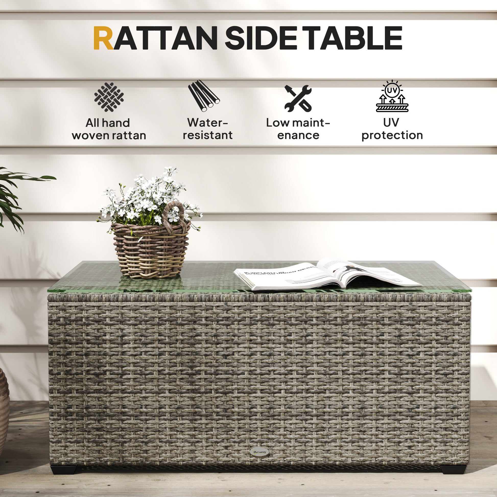 Wicker Outdoor Coffee Table, PE Wicker Rectangular Patio Table with Tempered Glass Top for Garden, Balcony, Dark Grey