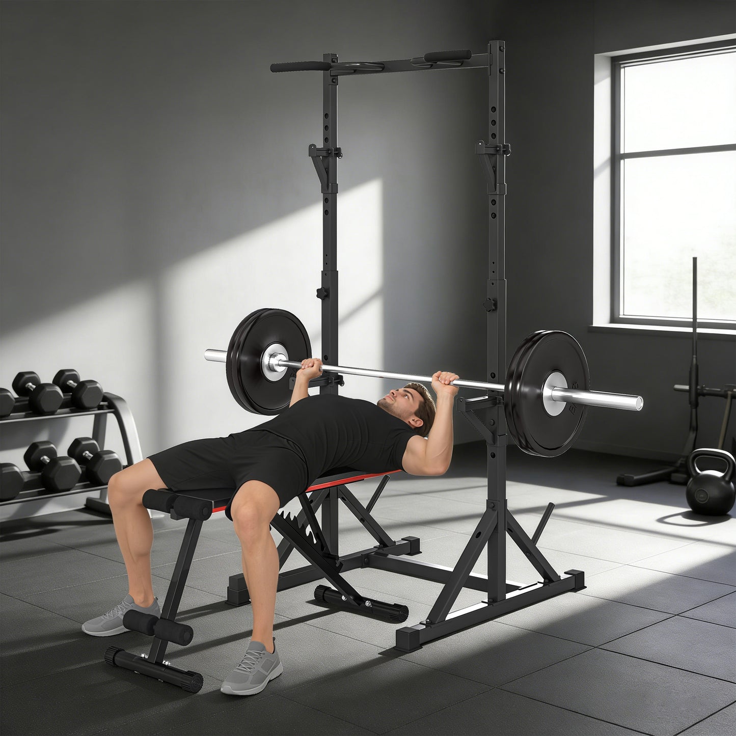 Soozier Adjustable Squat Rack, Multi-Function Bench Press Rack with Weight Plate Holders and Pull up Bar, Black