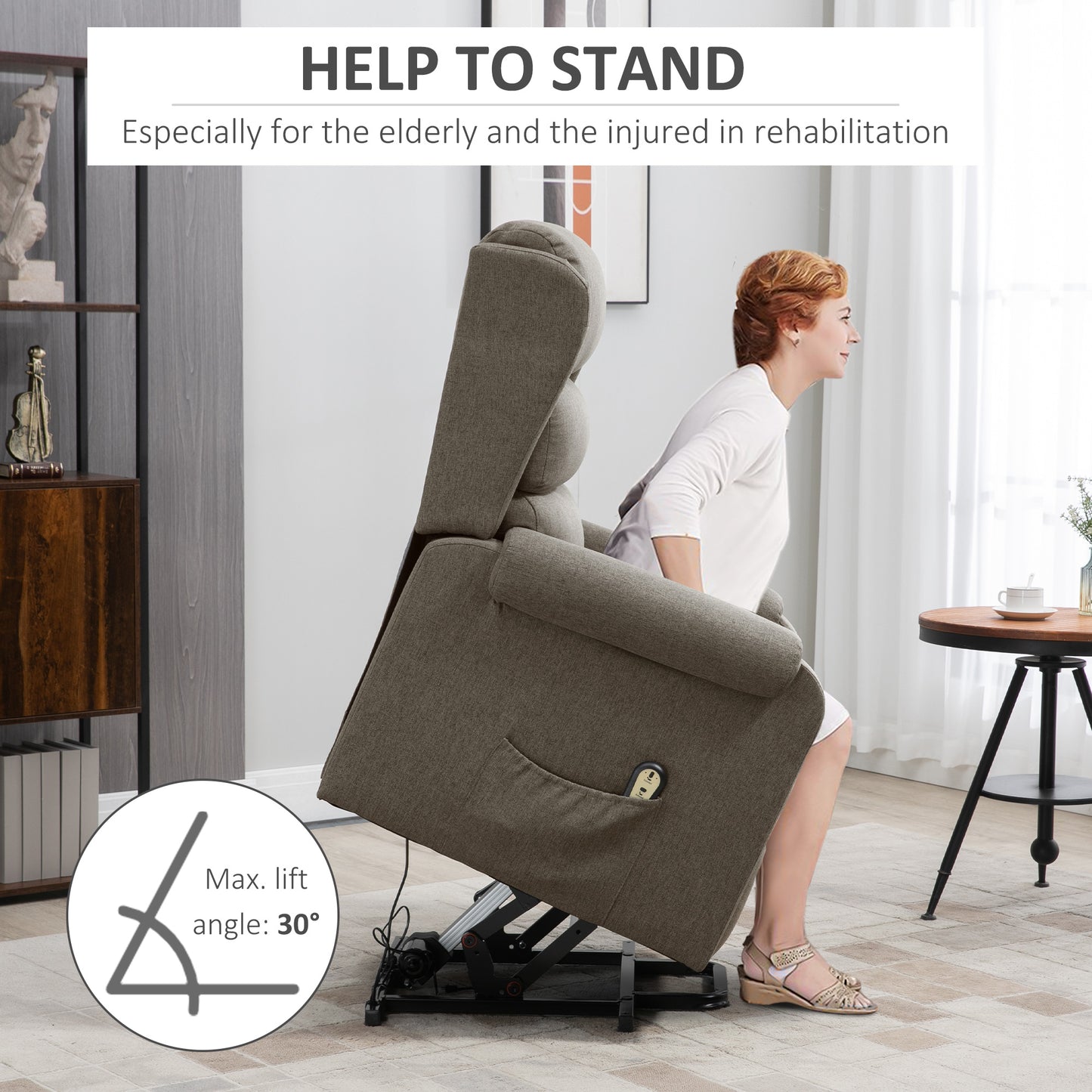 Lift Chair for Elderly, Power Chair Recliner with Footrest, Remote Control, Side Pockets for Living Room, Brown