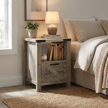 Small Side Table with Storage, Farmhouse End Table with Drawer, Open Shelf and Barn-style Panel, Nightstand for Living Room, Bedroom, Grey