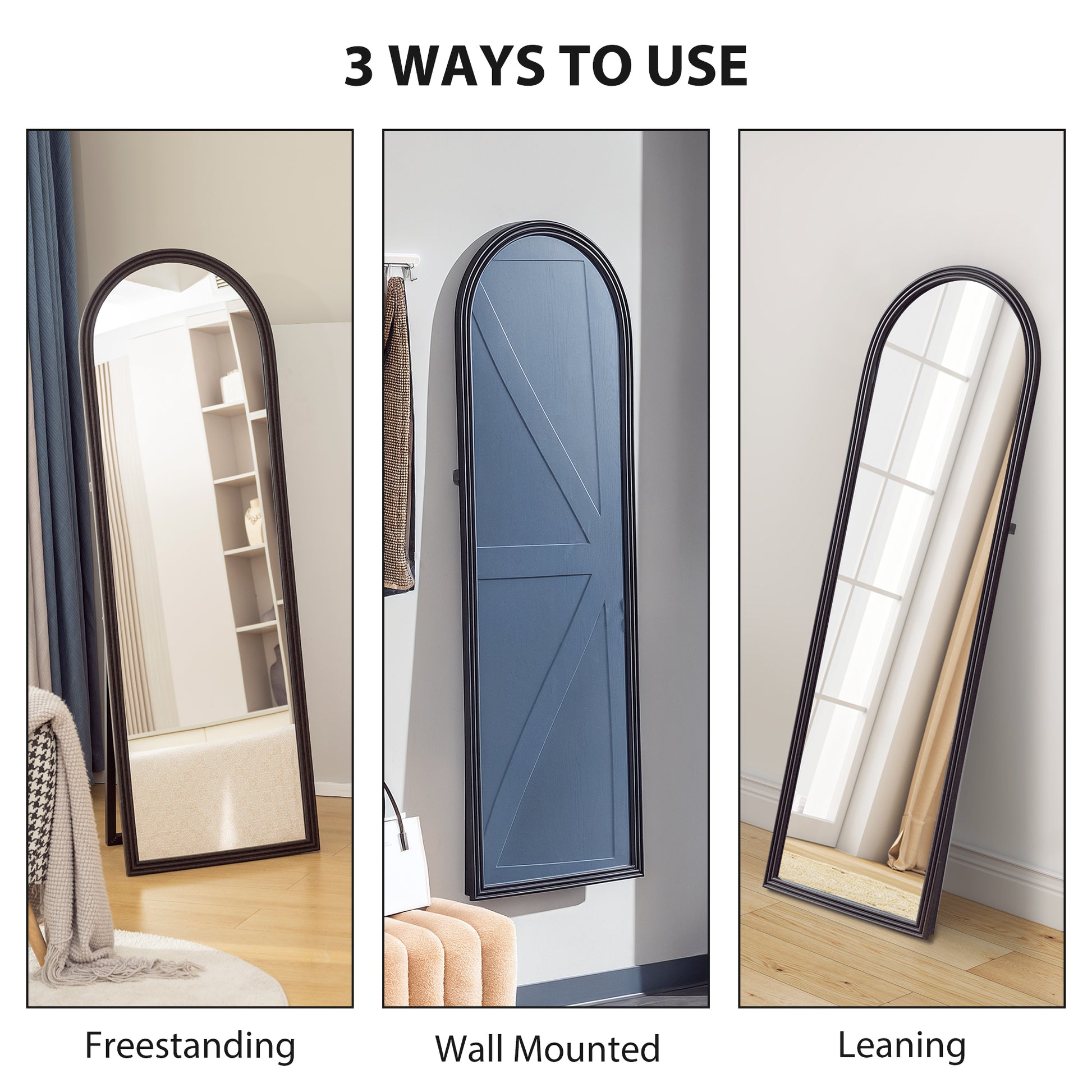 64" x 21" Full Length Mirror, Free Standing, Leaning or Wall, Arched Full Body Mirror, Brown Wood Grain