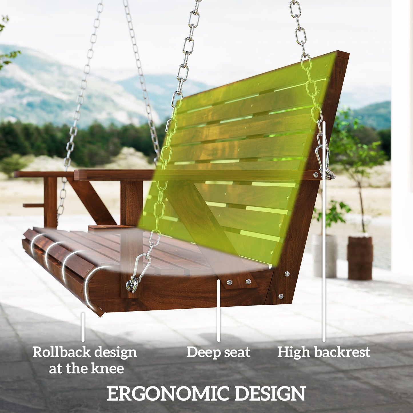 3-Seater Swing Bench, Wooden Porch Swing with Cupholders, Hanging Chains for Patio Garden, Carbonized