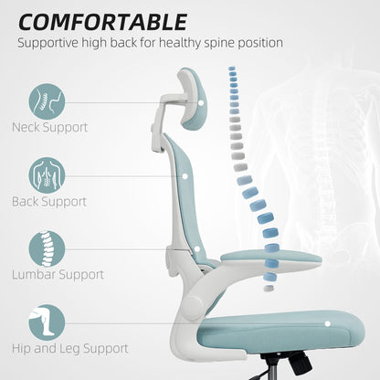 Ergonomic Mesh Office Chair, High Back Desk Chair with Rotatable Headrest, Flip-Up Armrests, Lumbar Support, Light Green