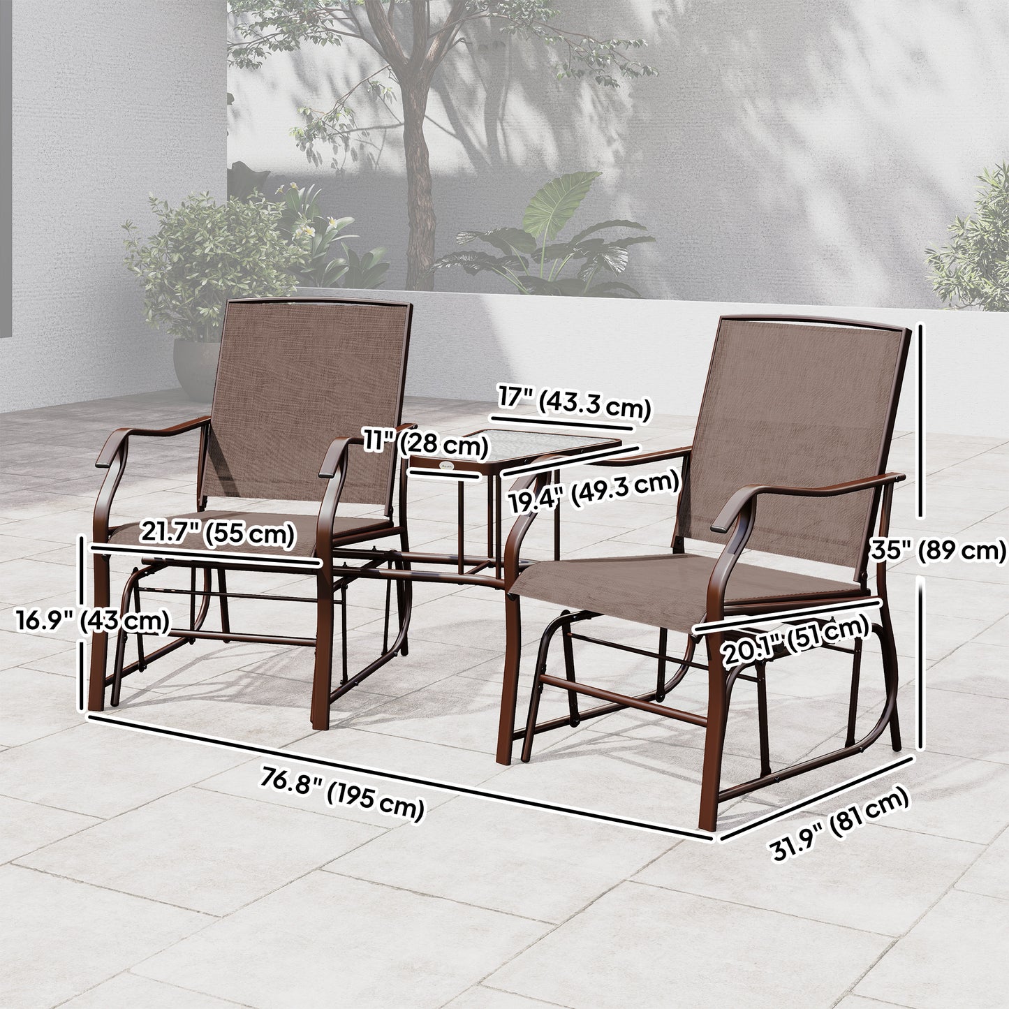 Double Patio Glider Chair with Glass Top Center Table, Outdoor Glider Loveseat with High Back, All Weather Breathable Mesh Fabric for Garden, Backyard, Deck, Brown