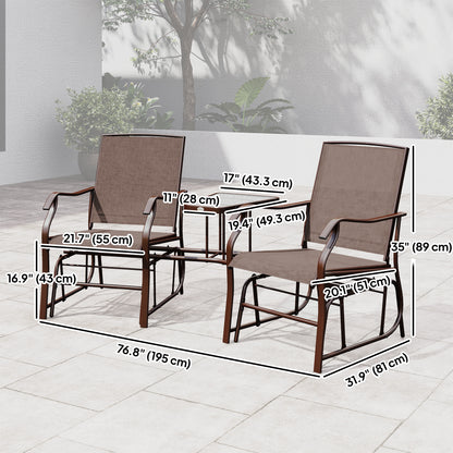 Double Patio Glider Chair with Glass Top Center Table, Outdoor Glider Loveseat with High Back, All Weather Breathable Mesh Fabric for Garden, Backyard, Deck, Brown