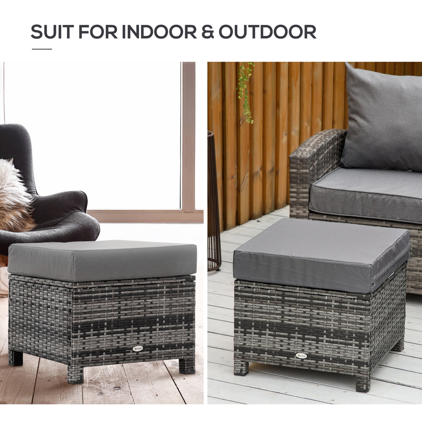 Patio Rattan Ottoman, Outdoor Wicker Footrest with Soft Cushion, Metal Frame for Backyard, Garden, and Poolside, Grey