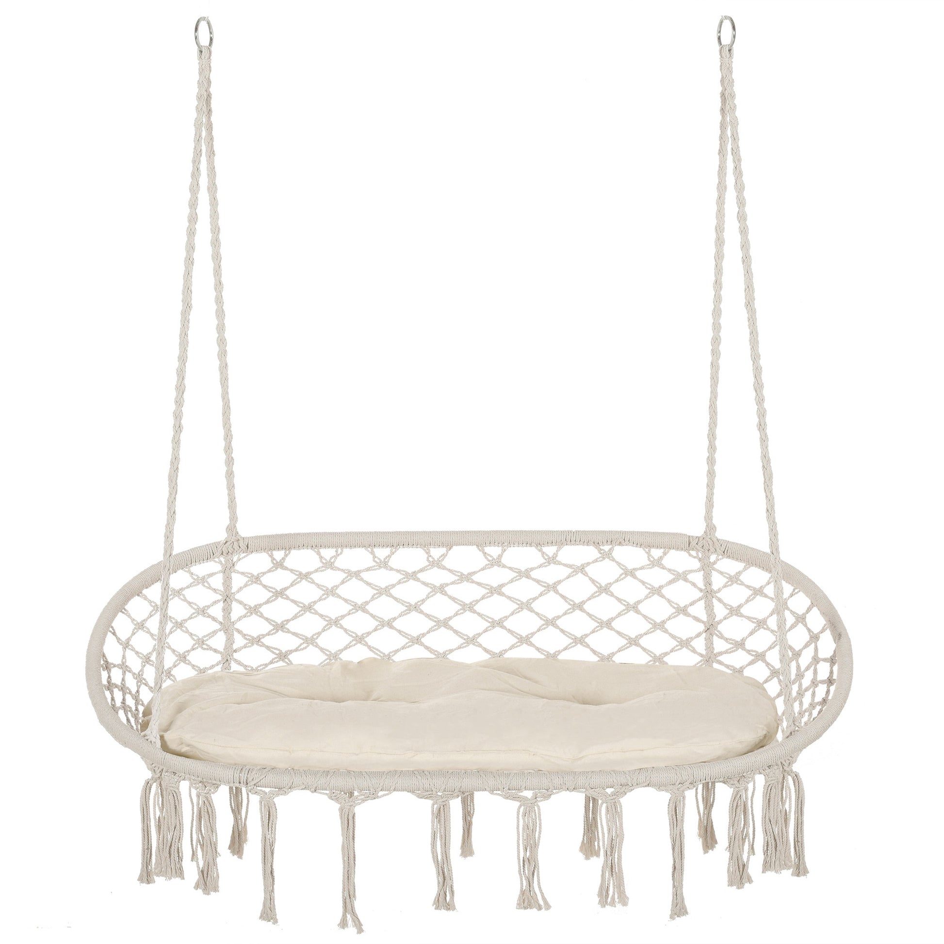 Patio Hammock Chair 2 Seat, Hanging Rope Hammock Swing Chair with Metal Frame and Cushion, Large Macrame Seat for Indoor and Outdoor 396 lbs Capacity, Cream White
