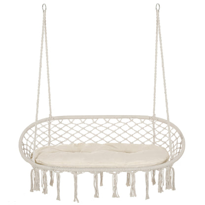 Patio Hammock Chair 2 Seat, Hanging Rope Hammock Swing Chair with Metal Frame and Cushion, Large Macrame Seat for Indoor and Outdoor 396 lbs Capacity, Cream White