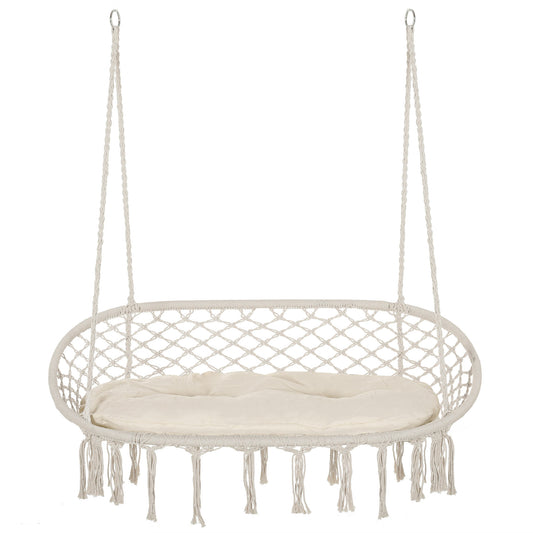 Patio Hammock Chair 2 Seat, Hanging Rope Hammock Swing Chair with Metal Frame and Cushion, Large Macrame Seat for Indoor and Outdoor 396 lbs Capacity, Cream White