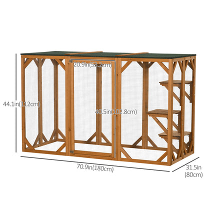 71"L Catio Outdoor Cat Enclosure, Indoor Cat Cage, Pet House, Small Animal Hutch for 1-2 Rabbit, Kitten, Kitty Crate Kennel w/ Waterproof Roof, Multi-Level Platforms, Orange
