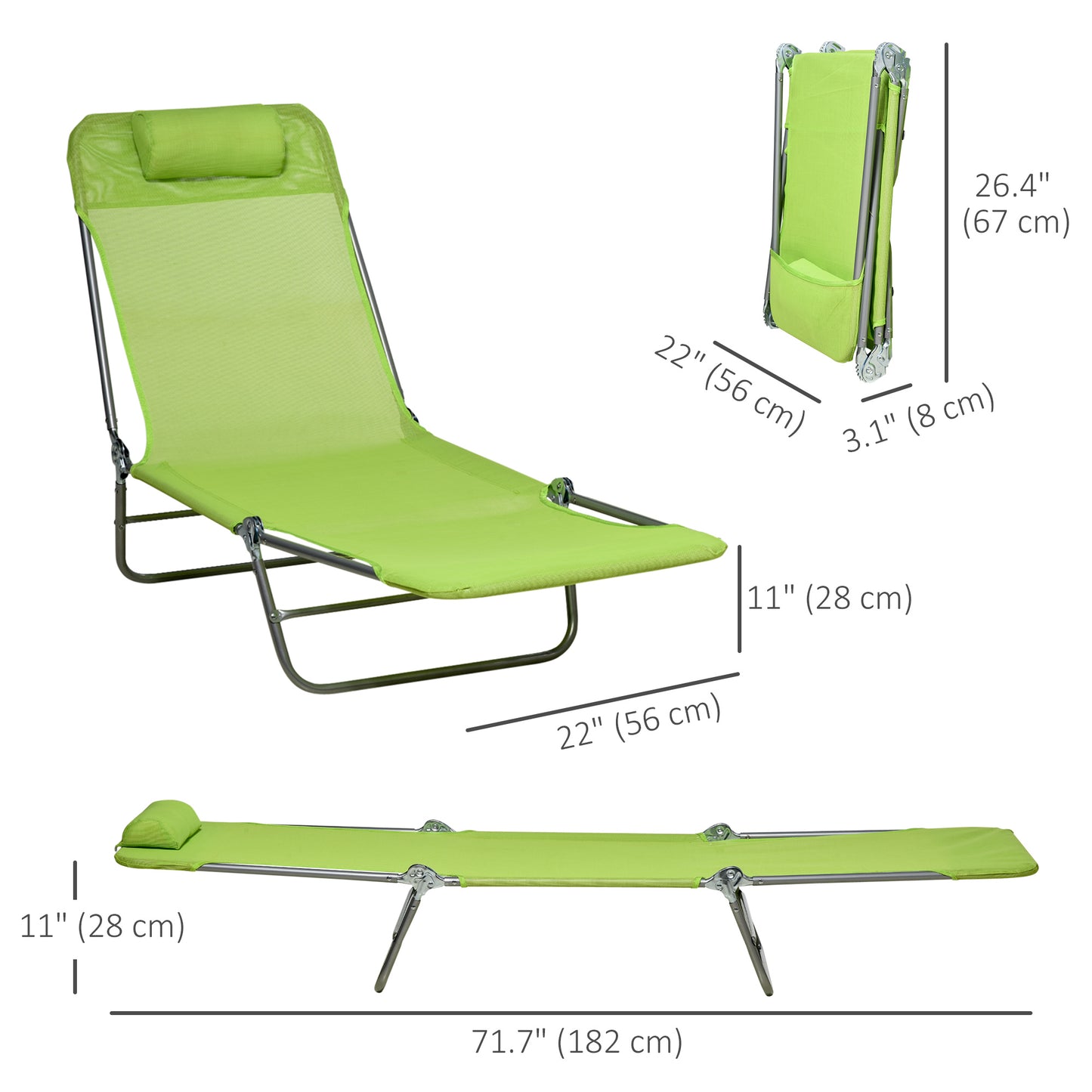 Set of 2 Folding Chaise Lounge Chairs, Outdoor Poolside Sun Tanning Chairs w/ Pillow, Reclining Backrest, Green