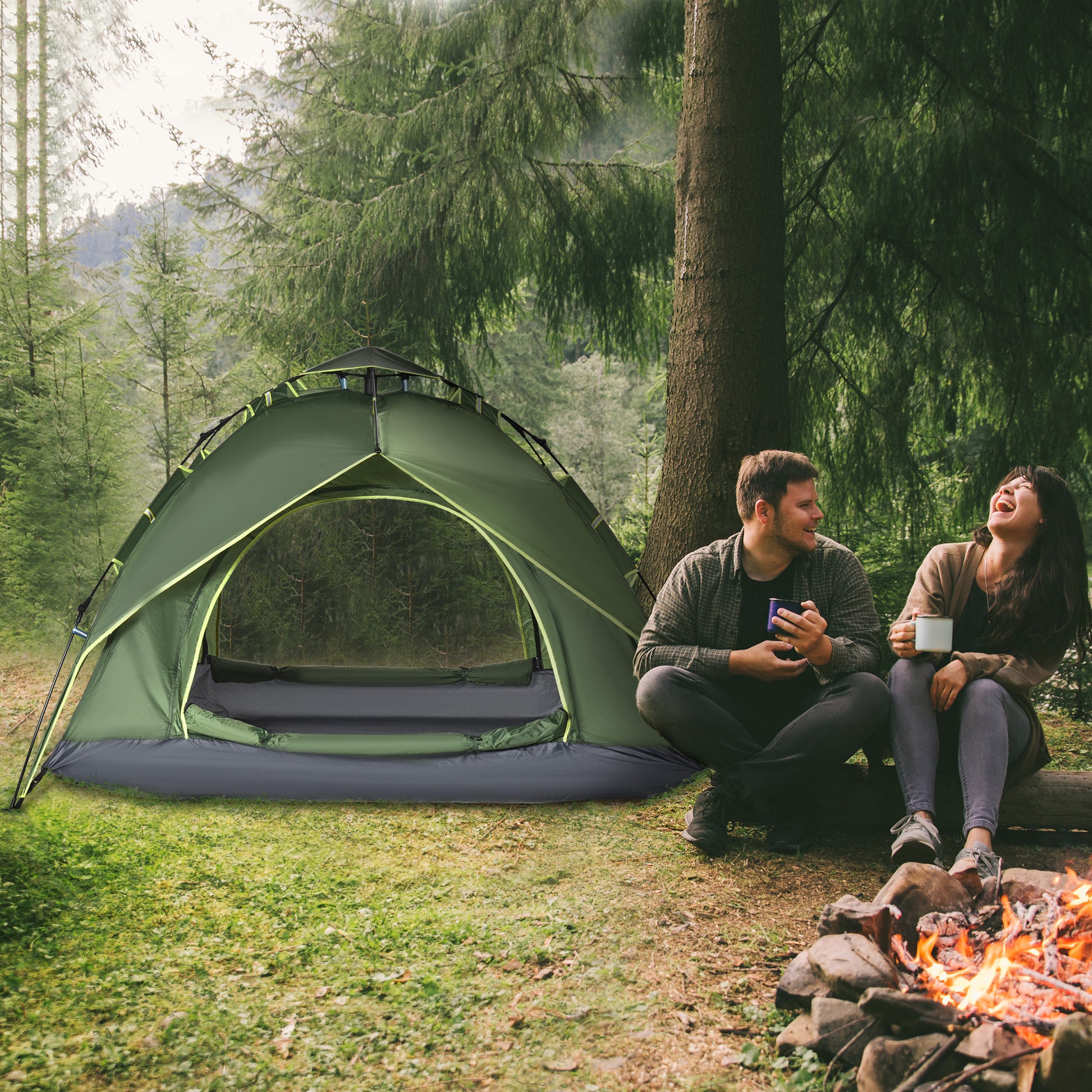 Camping Tent, 3 Person Family Tent, 1000mm Waterproof, with Sewn-in Groundsheet and Carry Bag, for Fishing, Dark Green