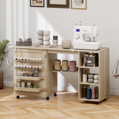Sewing Machine Table with Drop Leaf, Folding Craft Table Rattan Door and Storage Shelves for Small Spaces, Natural