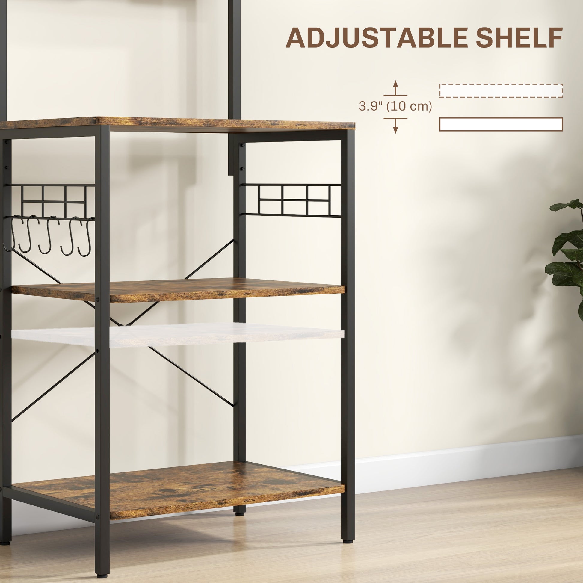 Kitchen Baker's Rack with Power Outlet, Coffee Bar Station with Adjustable Shelves and Hooks, Rustic Brown