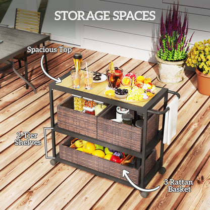 Outdoor Bar Cart with Side Handle, 3-Tier Rolling Cart on Wheels with Removable Rattan Basket, Mixed-Brown