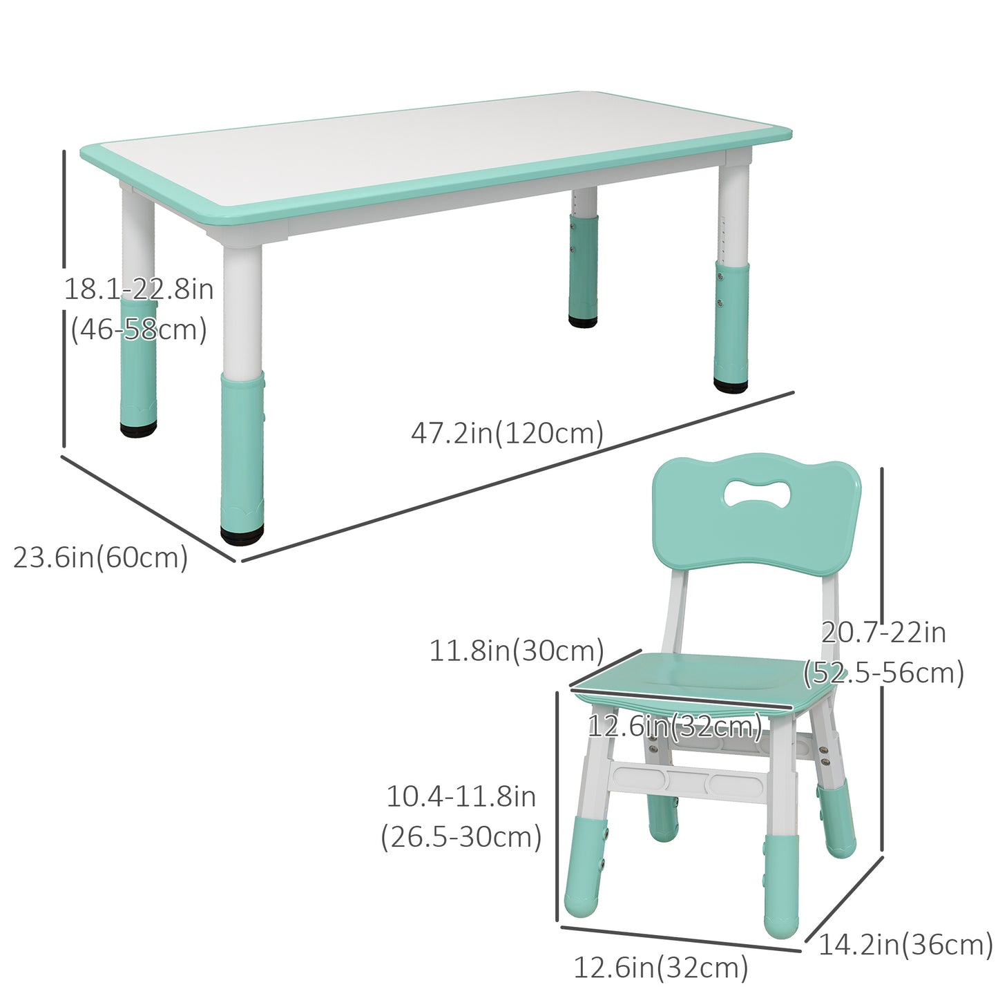 Qaba Kids Table and Chair Set with 4 Chairs, Adjustable Height, Easy to Clean, for 1.5 - 8 Years Old, Green
