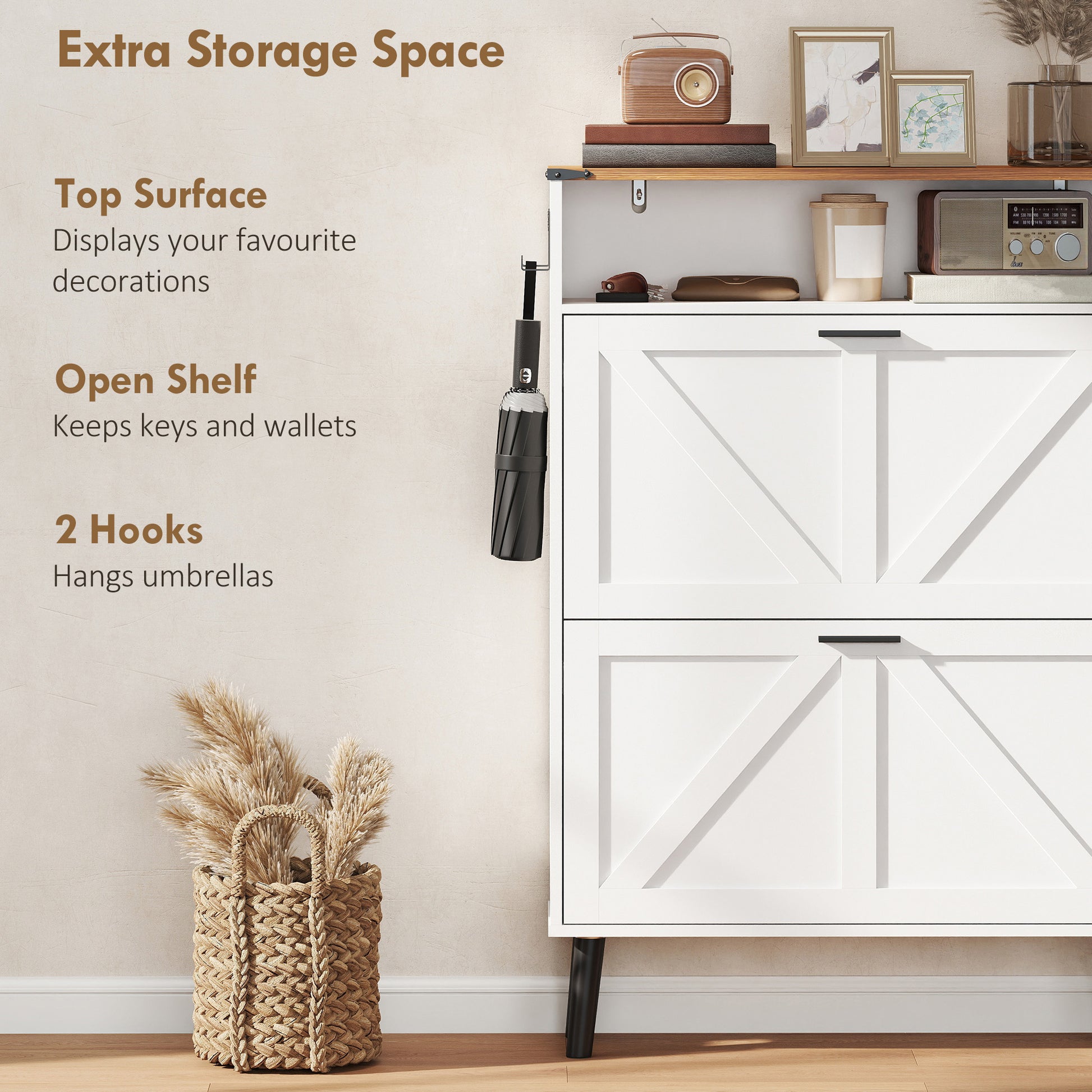 Shoe Storage Cabinet with 2 Flip Drawers, Farmhouse Narrow Shoe Cabinet, Holds Up to 16 Pairs, White