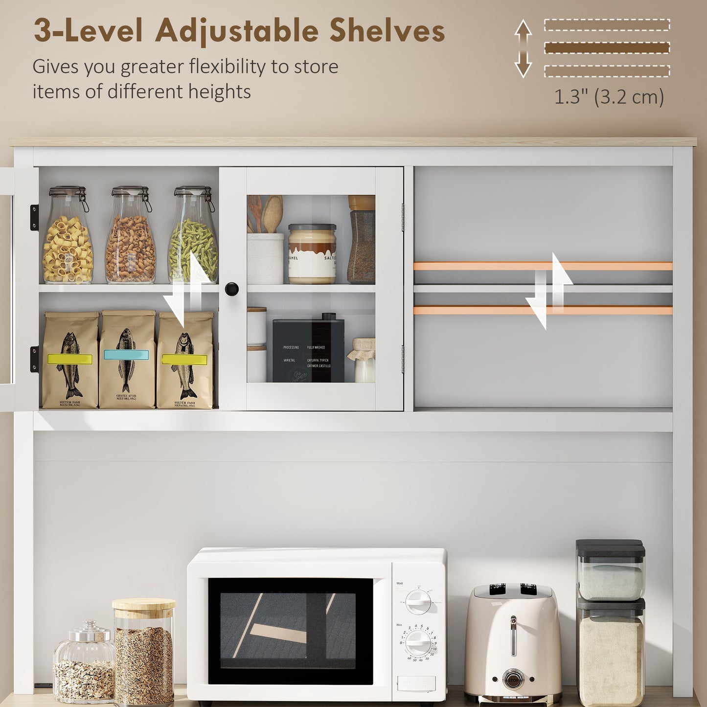 69" Kitchen Pantry Cabinet with Charging Station Kitchen Cabinet with Microwave Stand 7 Gallon Trash Can Cabinet White