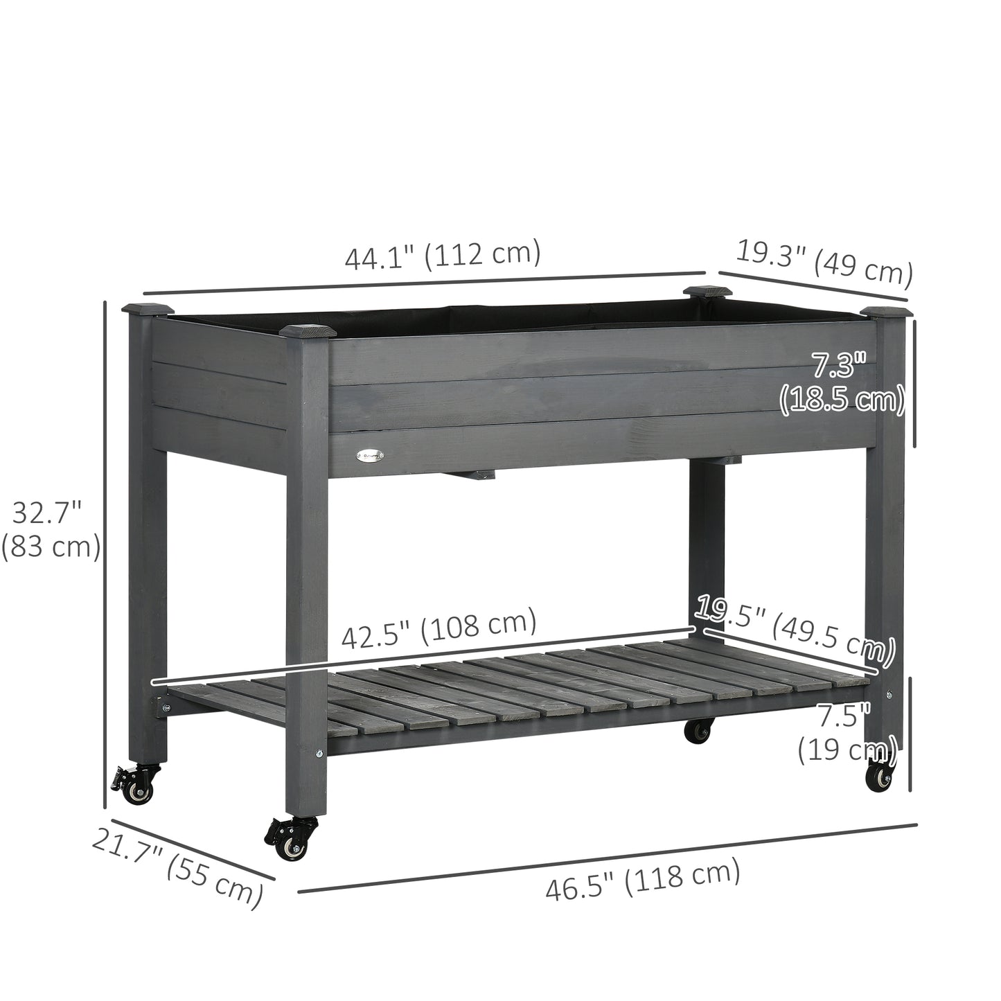Mobile Raised Garden Bed Elevated Wood Planter Box with Lockable Wheels, Storage Shelf for Herbs Vegetables, Dark Grey