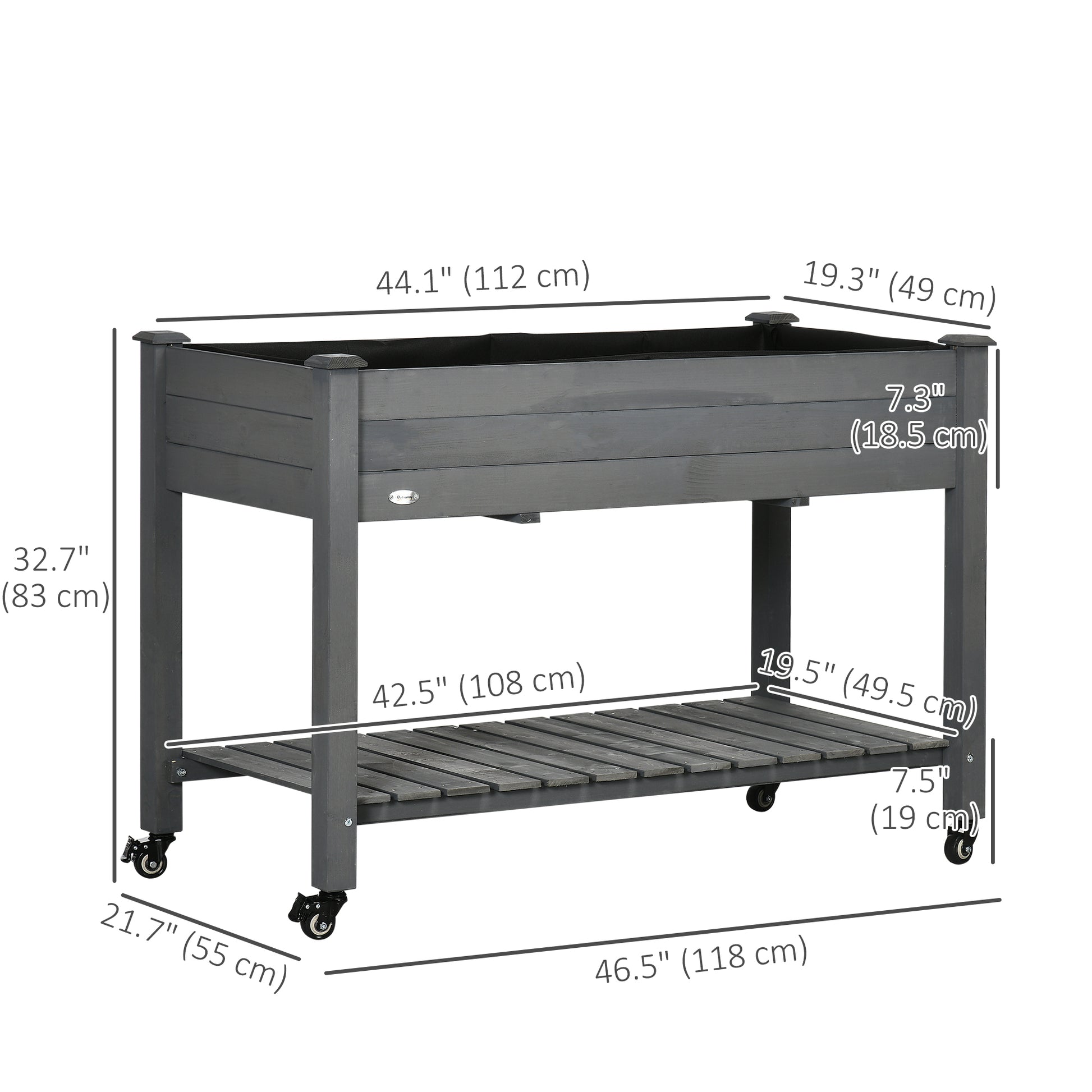 Mobile Raised Garden Bed Elevated Wood Planter Box with Lockable Wheels, Storage Shelf for Herbs Vegetables, Dark Grey