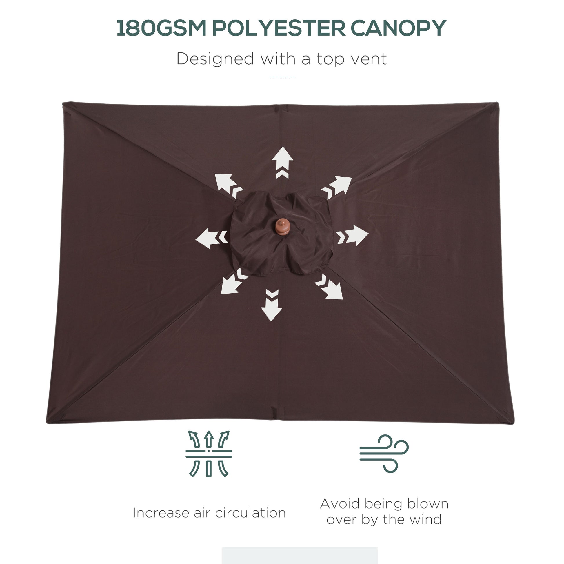 6.6x5ft Square Market Parasol, Wooden Patio Umbrella with Tilt Mechanism and 6 Bamboo Ribs, Garden Sunshade, Coffee