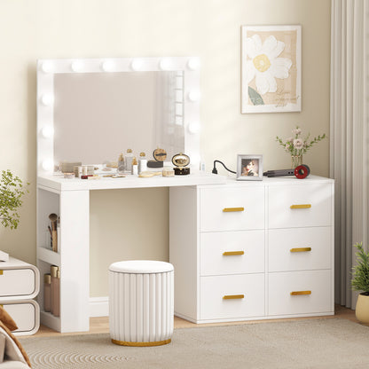 Vanity Desk with Mirror and 12 LED Lights, Makeup Table w/ Power Outlet, 3 Light Colour, 6 Drawers and 2 Shelves, White