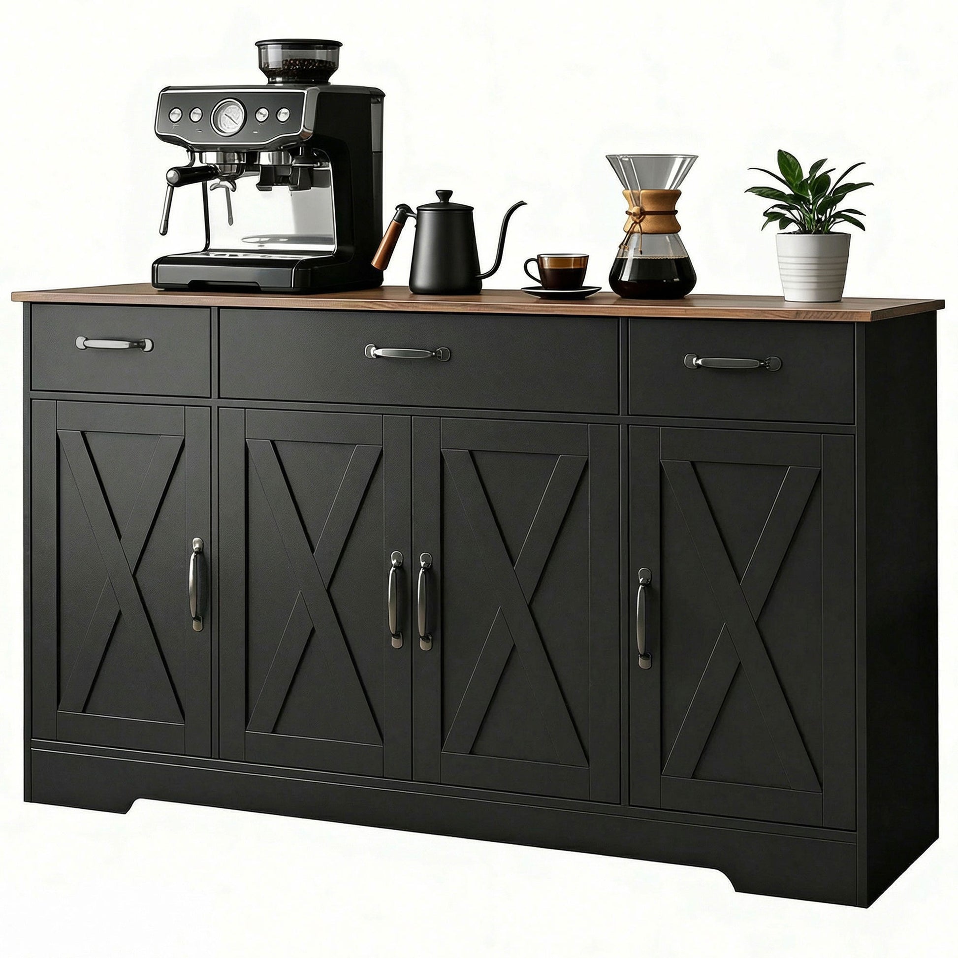 Sideboard Buffet Cabinet, 55" Farmhouse Kitchen Cabinet with 4 Barn Doors, 3 Drawers, 3 Adjustable Shelves, Black