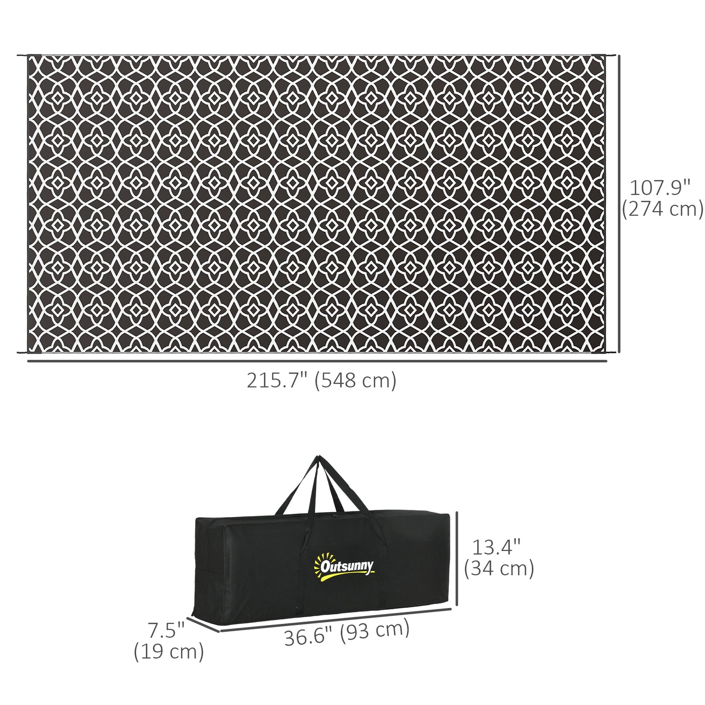 Reversible Outdoor Rug, Waterproof Plastic Straw RV Rug with Carry Bag, 9' x 18', Black and White Clover