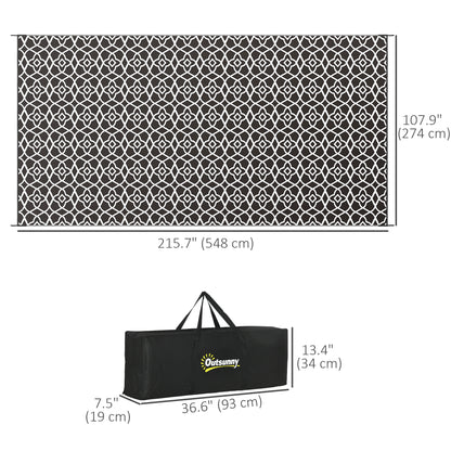 Reversible Outdoor Rug, Waterproof Plastic Straw RV Rug with Carry Bag, 9' x 18', Black and White Clover